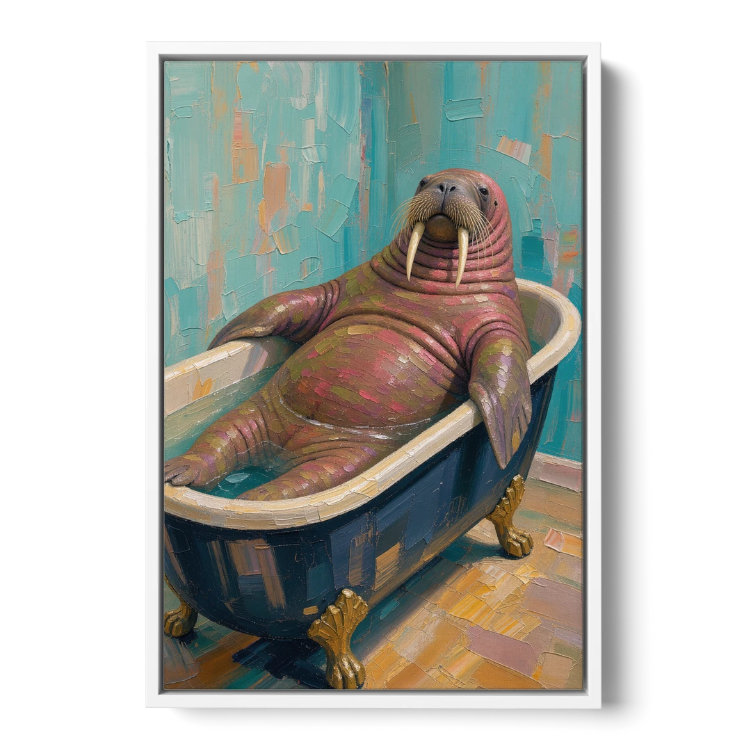 Walrus Sprawled in a Clawfoot Tub - White Framed Canvas Wall Art - Front