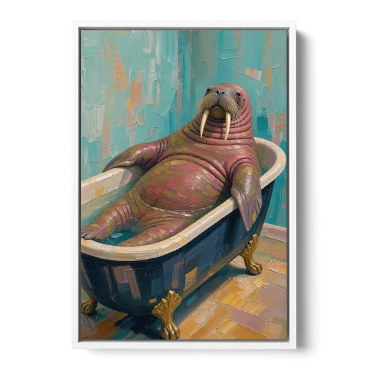 Walrus Sprawled in a Clawfoot Tub - White Framed Canvas Wall Art - Front