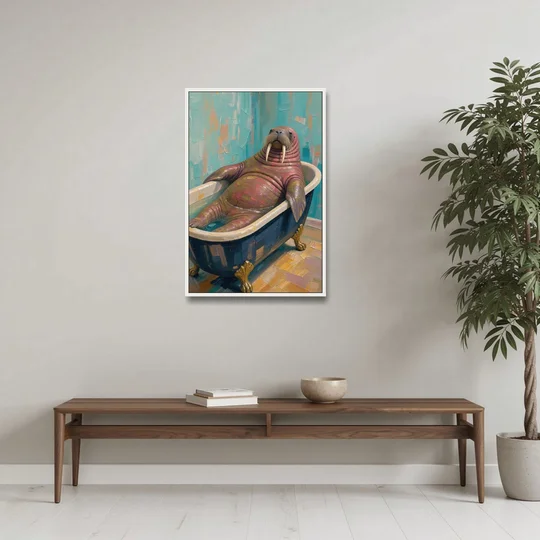Walrus Sprawled in a Clawfoot Tub - White Framed Canvas Wall Art - Coffee Table - 24x36