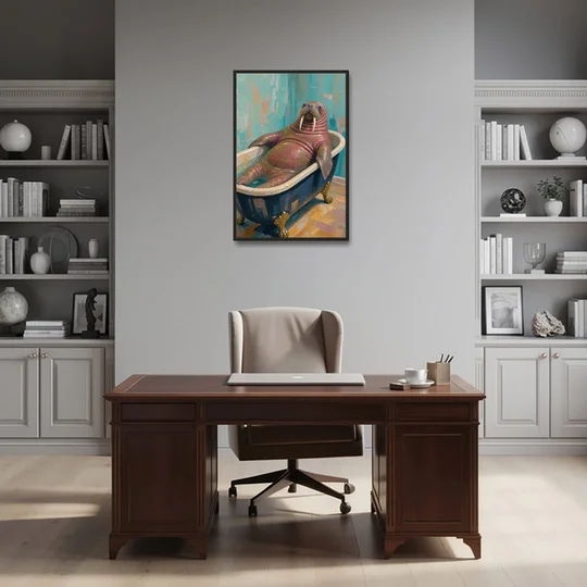 Walrus Sprawled in a Clawfoot Tub - Black Framed Canvas Wall Art - Office - 24x36
