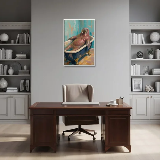 Walrus Sprawled in a Clawfoot Tub - White Framed Canvas Wall Art - Office - 24x36