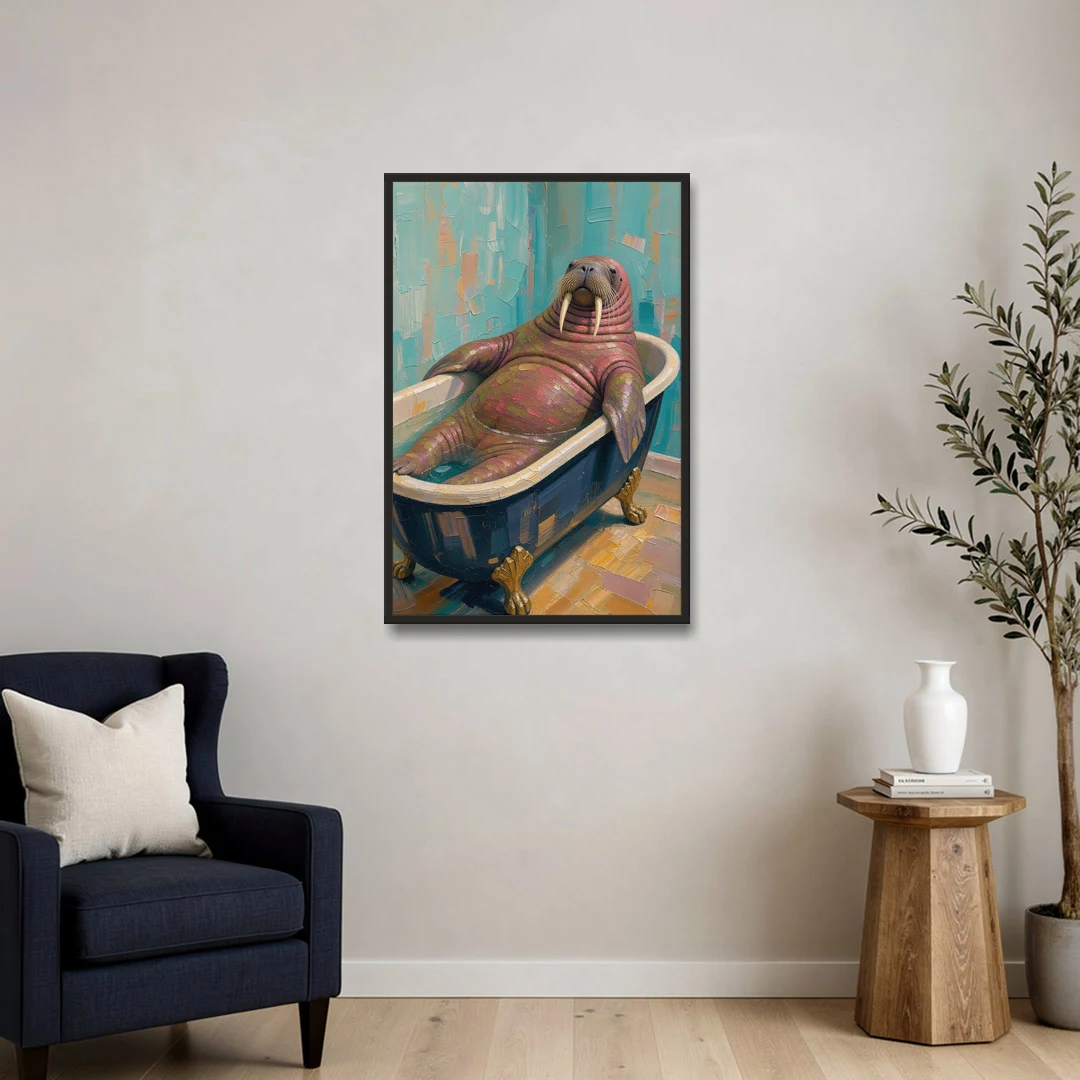 Walrus Sprawled in a Clawfoot Tub - Black Framed Canvas Wall Art - Sofa - 24x36