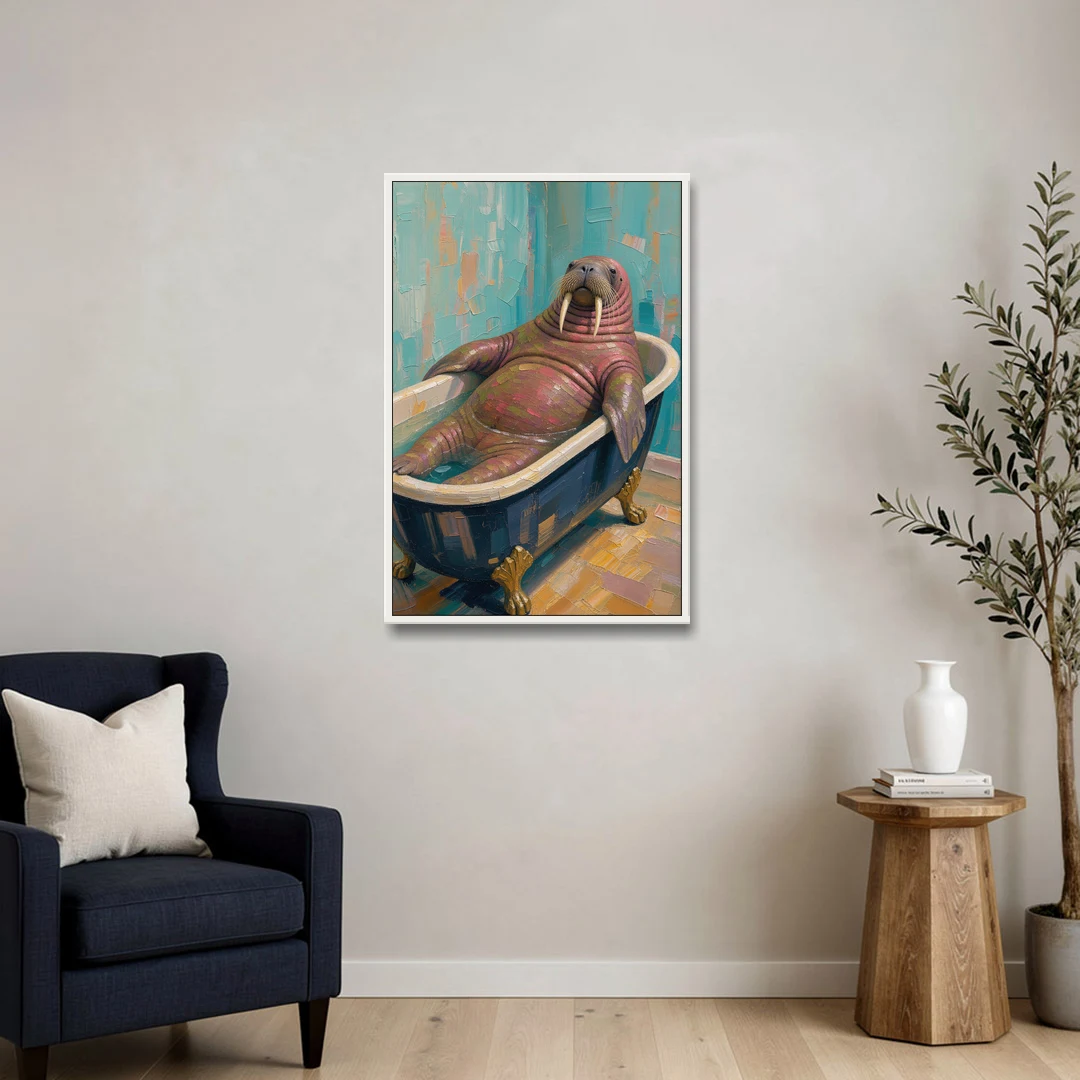 Walrus Sprawled in a Clawfoot Tub - White Framed Canvas Wall Art - Sofa - 24x36