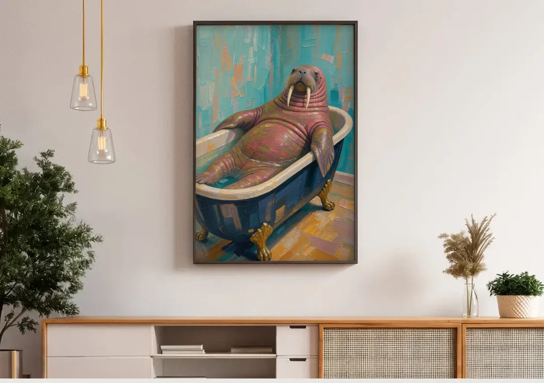 Walrus Sprawled in a Clawfoot Tub canvas wall art above a wooden sideboard under pendant lights