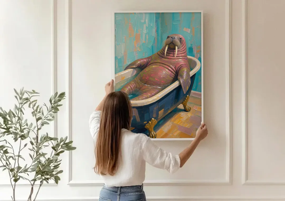 Walrus Sprawled in a Clawfoot Tub canvas wall art being hung on a paneled wall