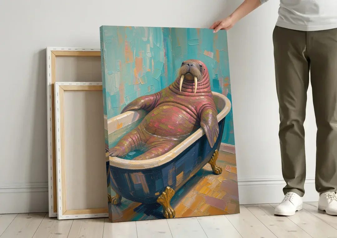 Walrus Sprawled in a Clawfoot Tub canvas wall art leaning against a wall next to blank canvases