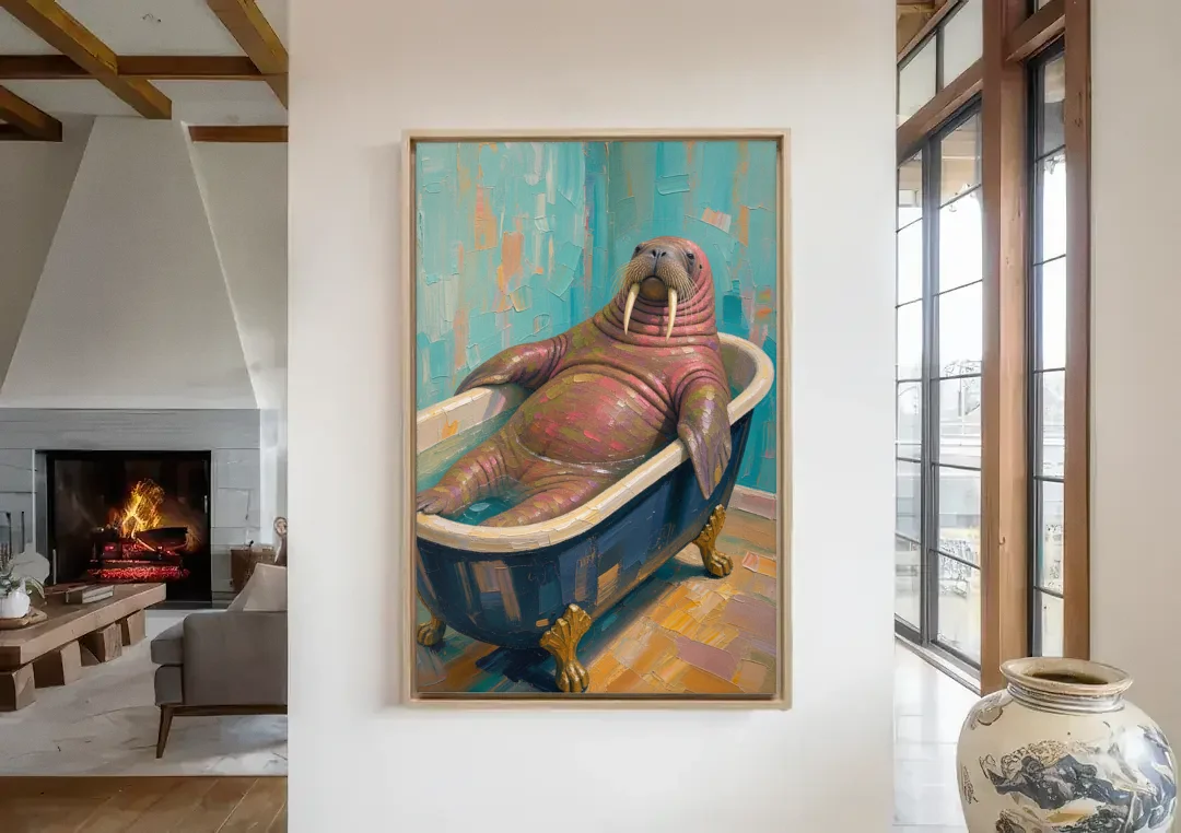 Walrus Sprawled in a Clawfoot Tub canvas wall art in a living room with a fireplace