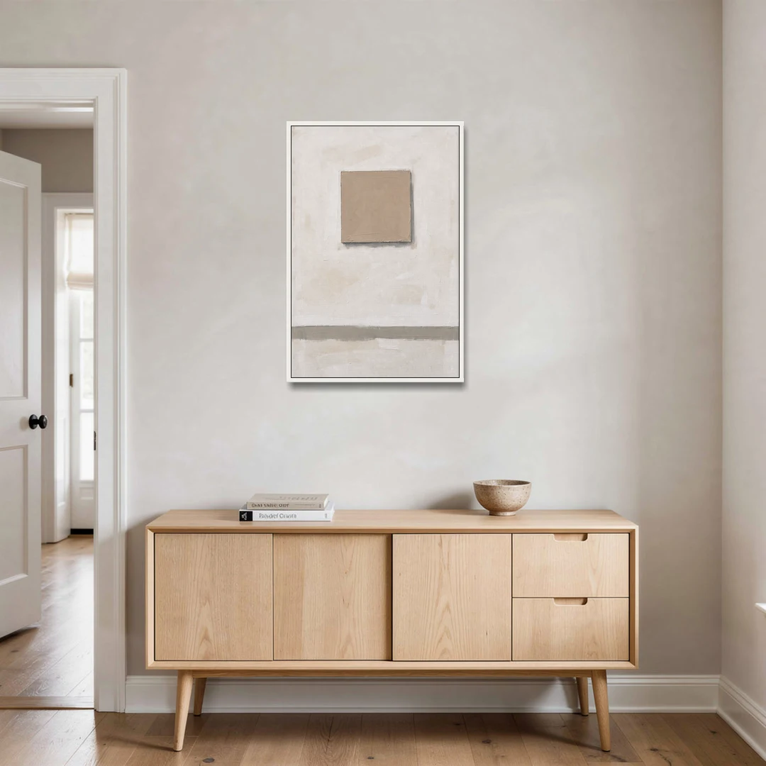 Warm Neutral Wall Art with a Floating Clay Square - White Framed Canvas Wall Art - Coffee Table - 24x36
