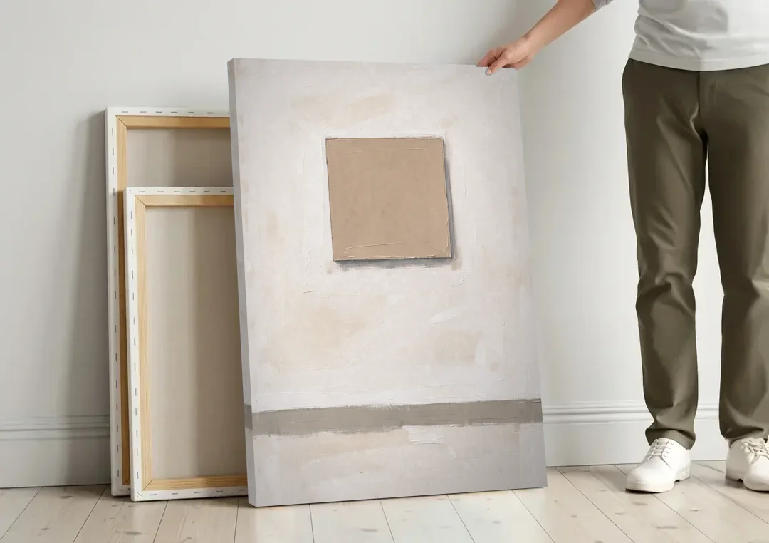 Warm Neutral Wall Art with a Floating Clay Square canvas wall art leaning against a wall next to blank canvases