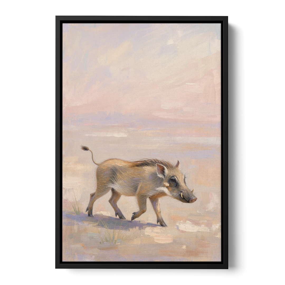 Warthog Piglet Trotting with Its Tail Held High - Black Framed Canvas Wall Art - Front