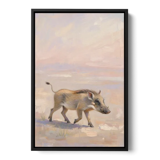 Warthog Piglet Trotting with Its Tail Held High - Black Framed Canvas Wall Art - Front