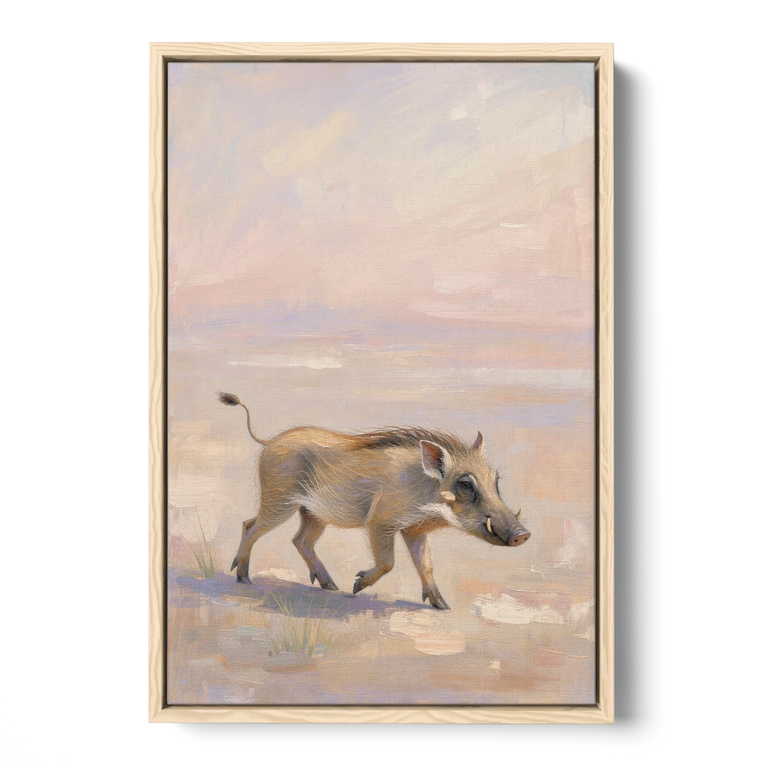 Warthog Piglet Trotting with Its Tail Held High - Oak Framed Canvas Wall Art - Front
