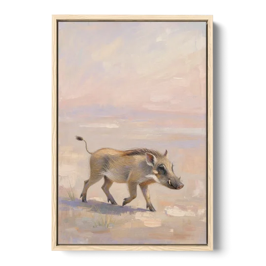 Warthog Piglet Trotting with Its Tail Held High - Oak Framed Canvas Wall Art - Front