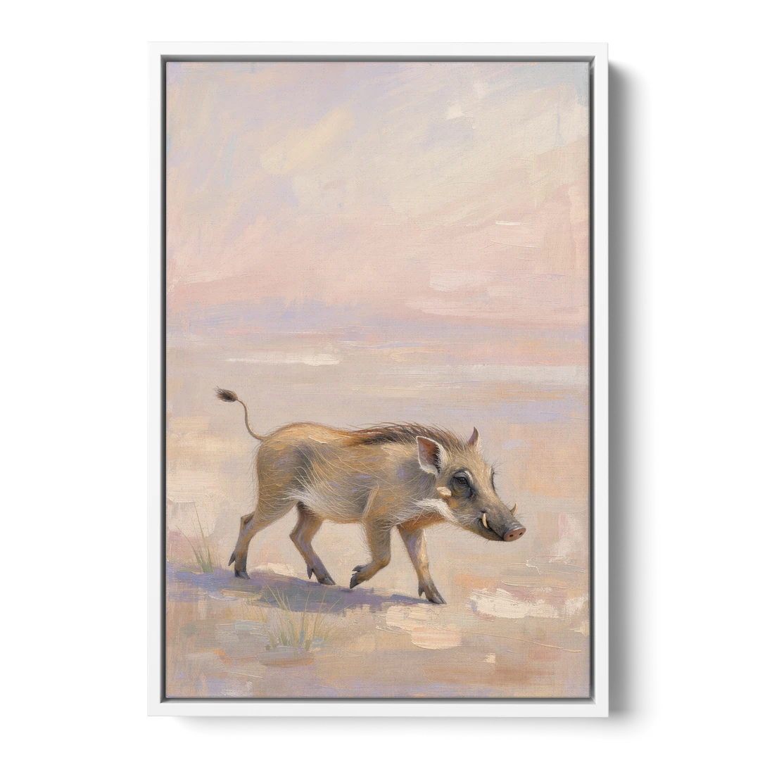 Warthog Piglet Trotting with Its Tail Held High - White Framed Canvas Wall Art - Front