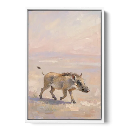 Warthog Piglet Trotting with Its Tail Held High - White Framed Canvas Wall Art - Front