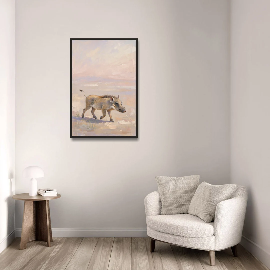 Warthog Piglet Trotting with Its Tail Held High - Black Framed Canvas Wall Art - Sofa - 24x36