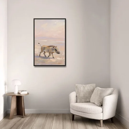 Warthog Piglet Trotting with Its Tail Held High - Black Framed Canvas Wall Art - Sofa - 24x36