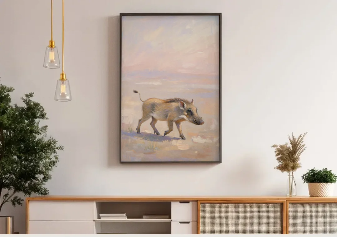Warthog Piglet Trotting with Its Tail Held High canvas wall art above a wooden sideboard under pendant lights