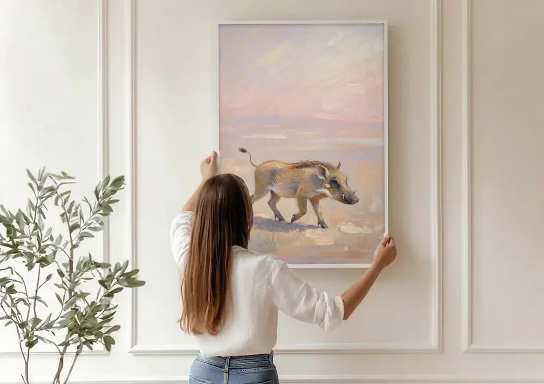 Warthog Piglet Trotting with Its Tail Held High canvas wall art being hung on a paneled wall
