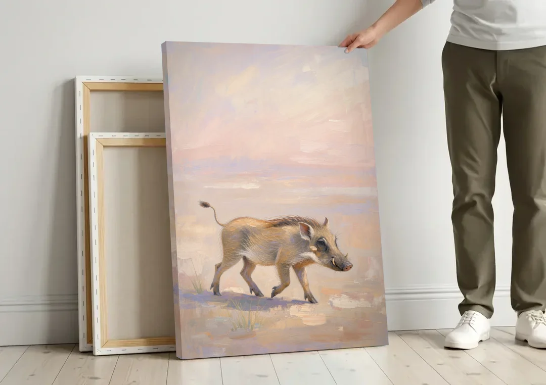 Warthog Piglet Trotting with Its Tail Held High canvas wall art leaning against a wall next to blank canvases