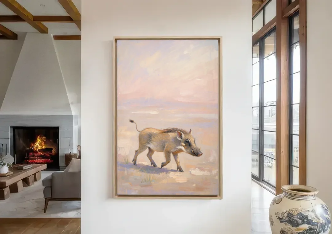 Warthog Piglet Trotting with Its Tail Held High canvas wall art in a living room with a fireplace