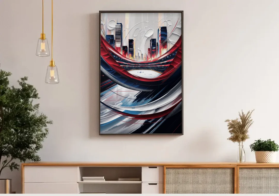 Washington Capitals Hockey canvas wall art above a wooden sideboard under pendant lights
