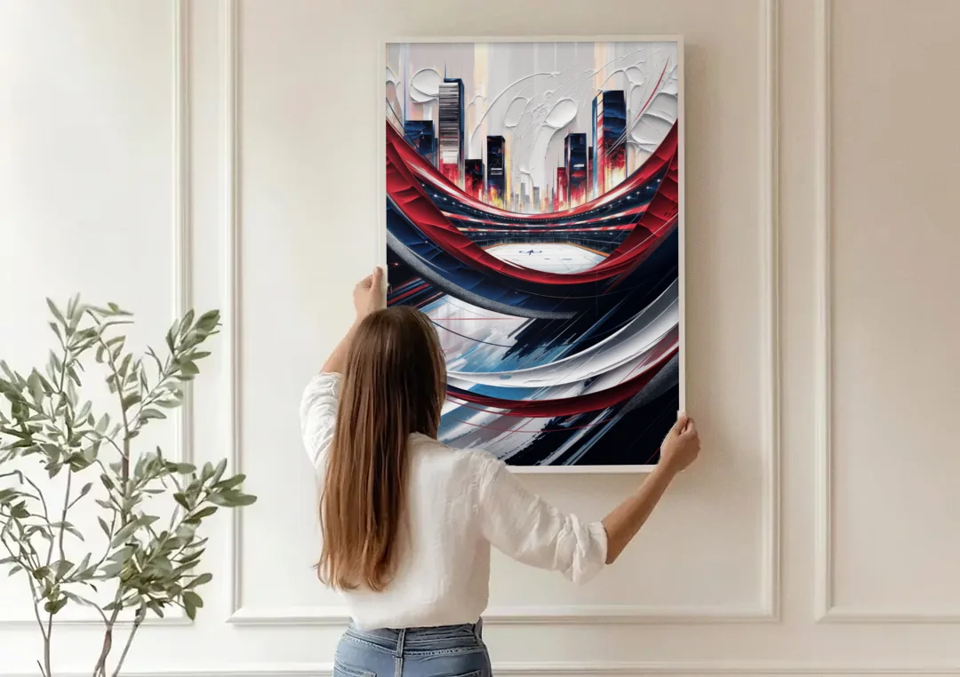 Washington Capitals Hockey canvas wall art being hung on a paneled wall