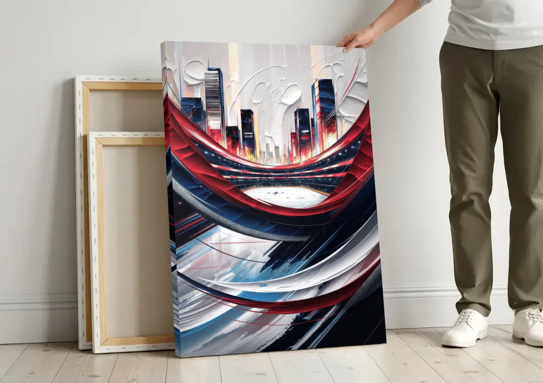 Washington Capitals Hockey canvas wall art leaning against a wall next to blank canvases