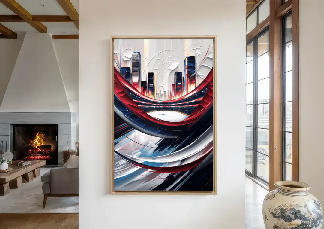 Washington Capitals Hockey canvas wall art in a living room with a fireplace