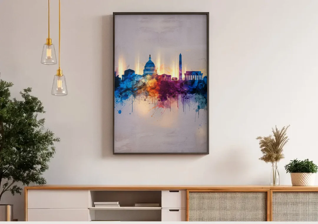 Washington Cityscapes canvas wall art above a wooden sideboard under pendant lights