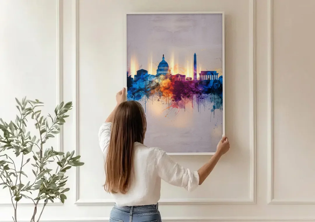 Washington Cityscapes canvas wall art being hung on a paneled wall