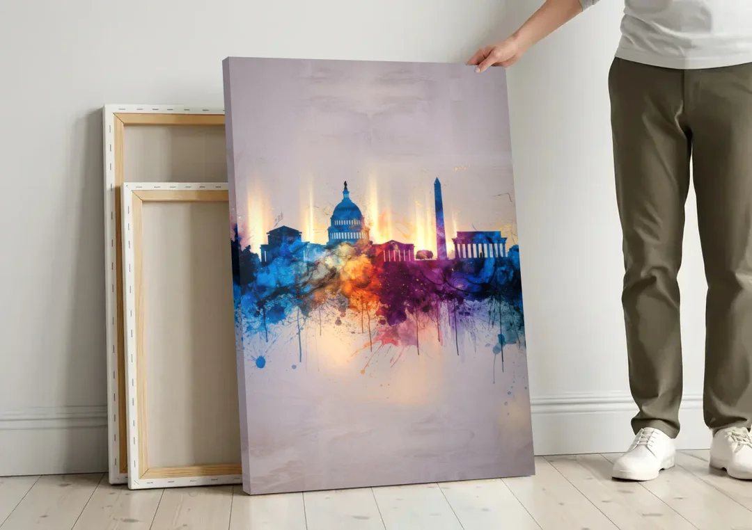 Washington Cityscapes canvas wall art leaning against a wall next to blank canvases