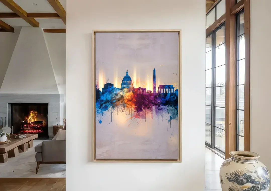 Washington Cityscapes canvas wall art in a living room with a fireplace