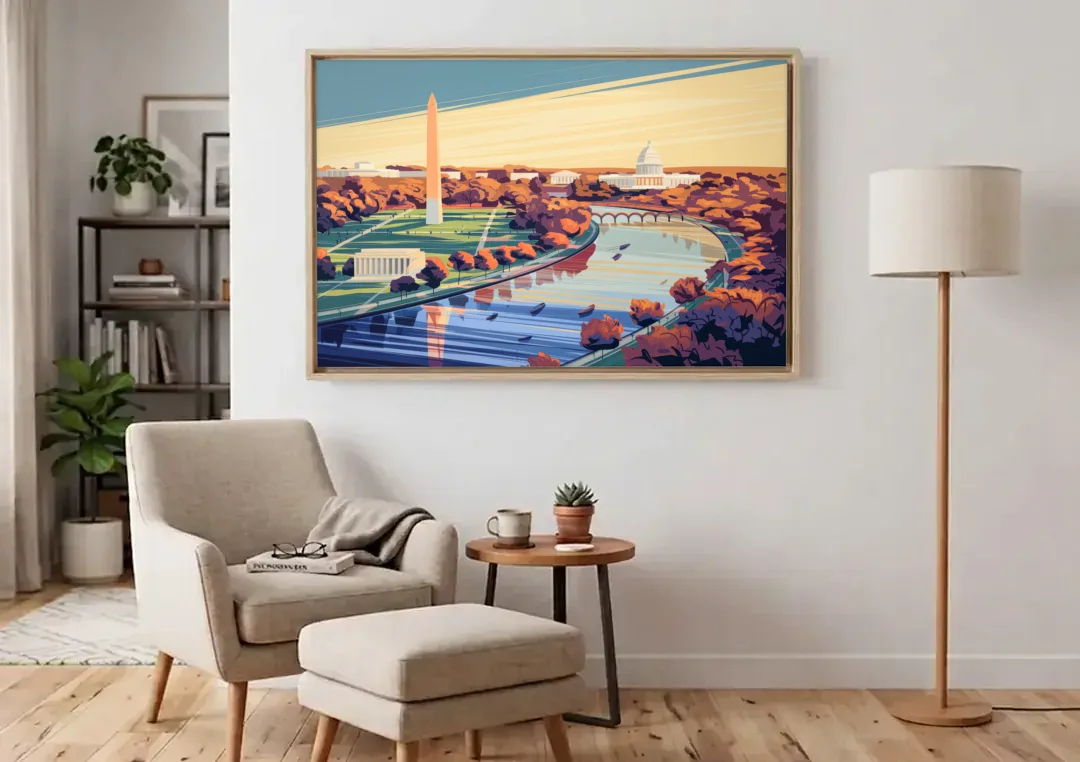 Washington Dc Aerial View canvas wall art above an armchair in a bright living room