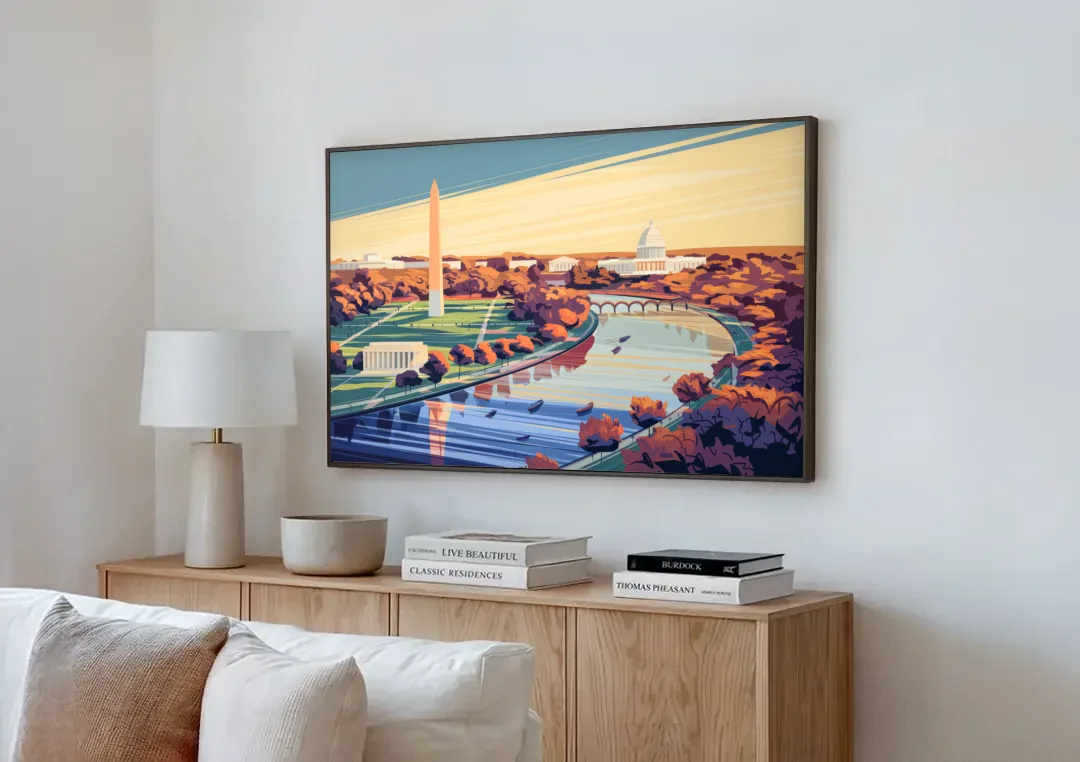 Washington Dc Aerial View canvas wall art above a wooden sideboard next to a sofa