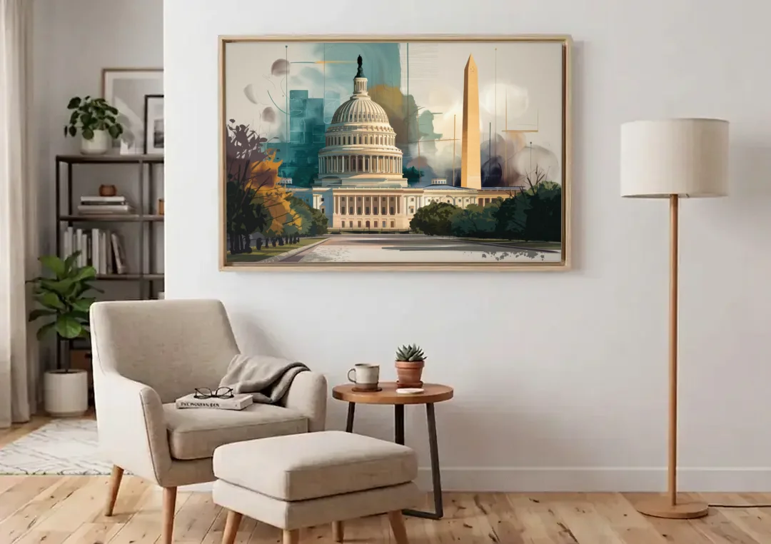 Washington Dc Architecture canvas wall art above an armchair in a bright living room