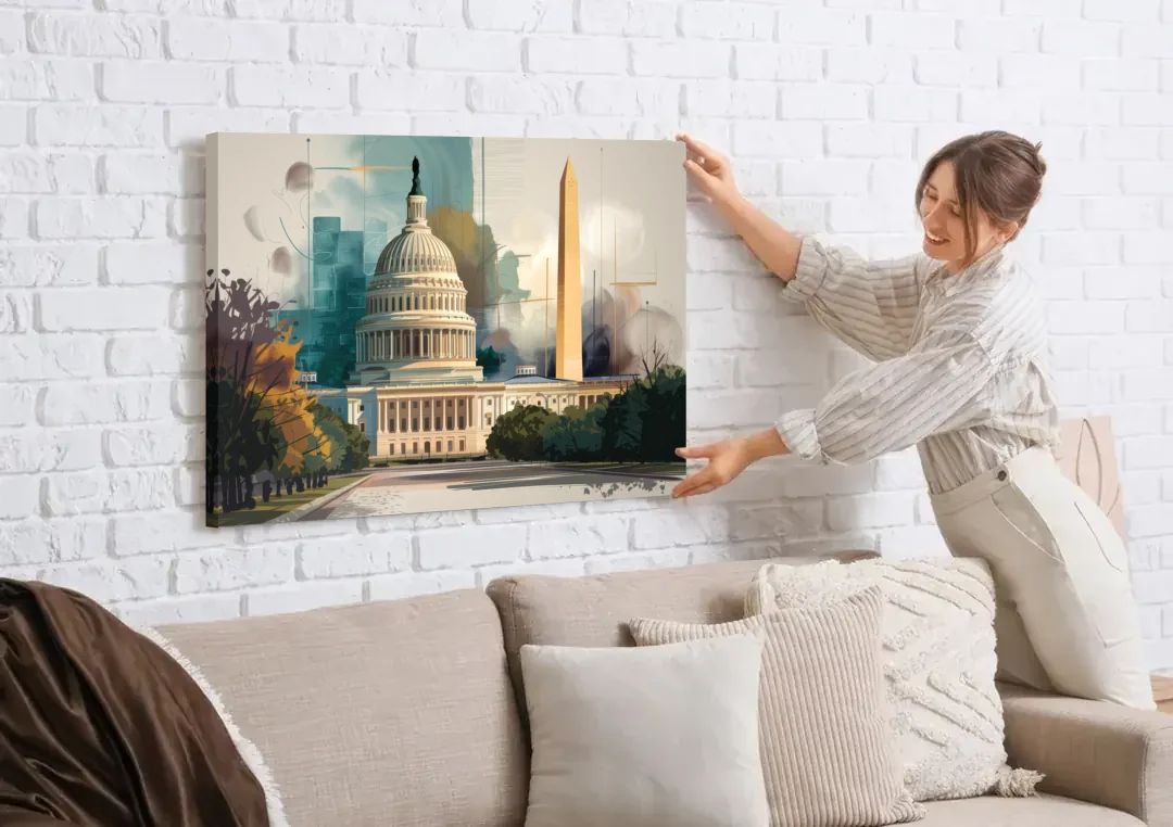 Washington Dc Architecture canvas wall art being hung on a white brick wall above a sofa