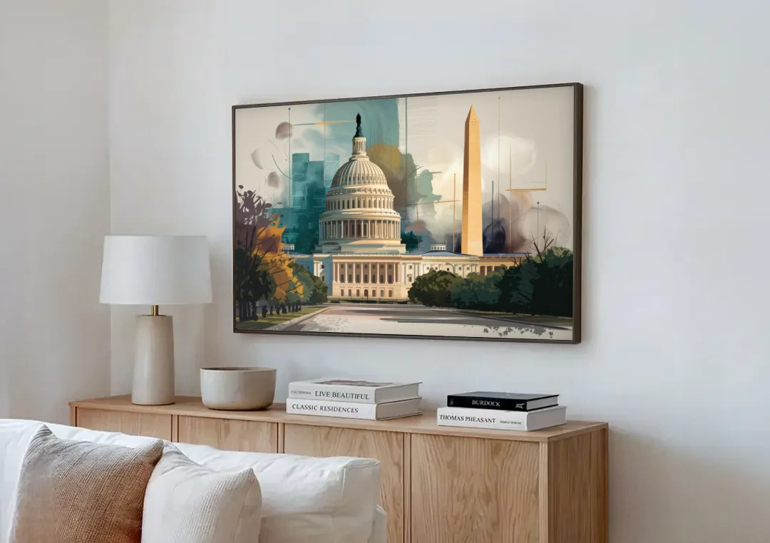 Washington Dc Architecture canvas wall art above a wooden sideboard next to a sofa