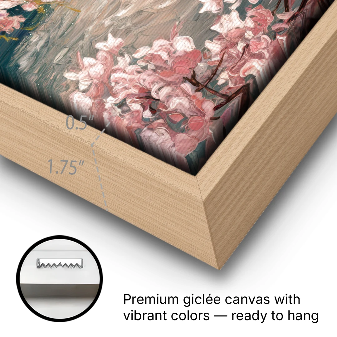 Washington DC Cherry Blossoms - Oak Framed Canvas Wall Art - Gallery Wrap Corner