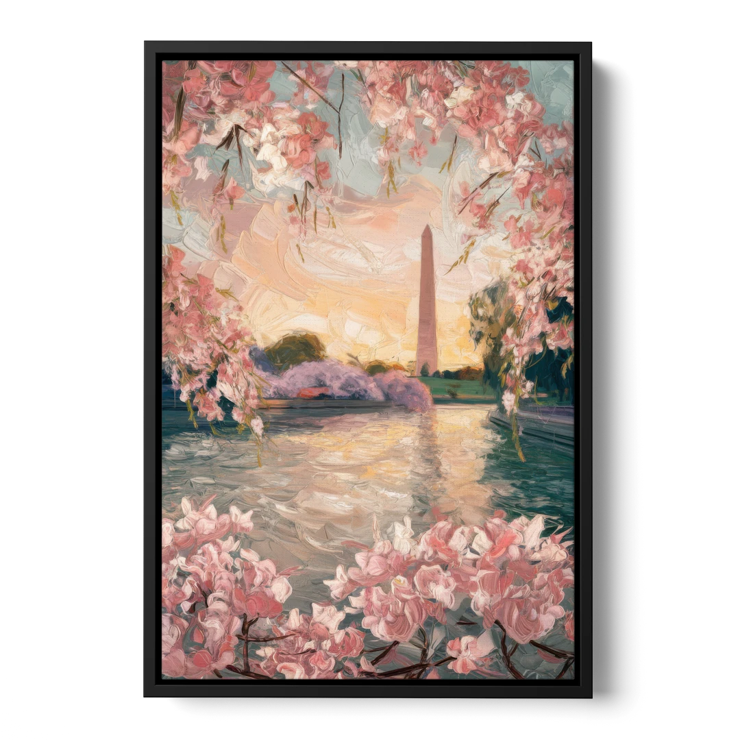 Washington DC Cherry Blossoms - Black Framed Canvas Wall Art - Front