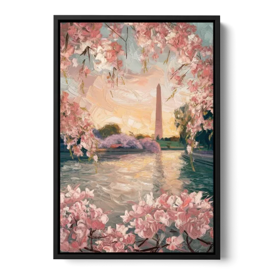 Washington DC Cherry Blossoms - Black Framed Canvas Wall Art - Front