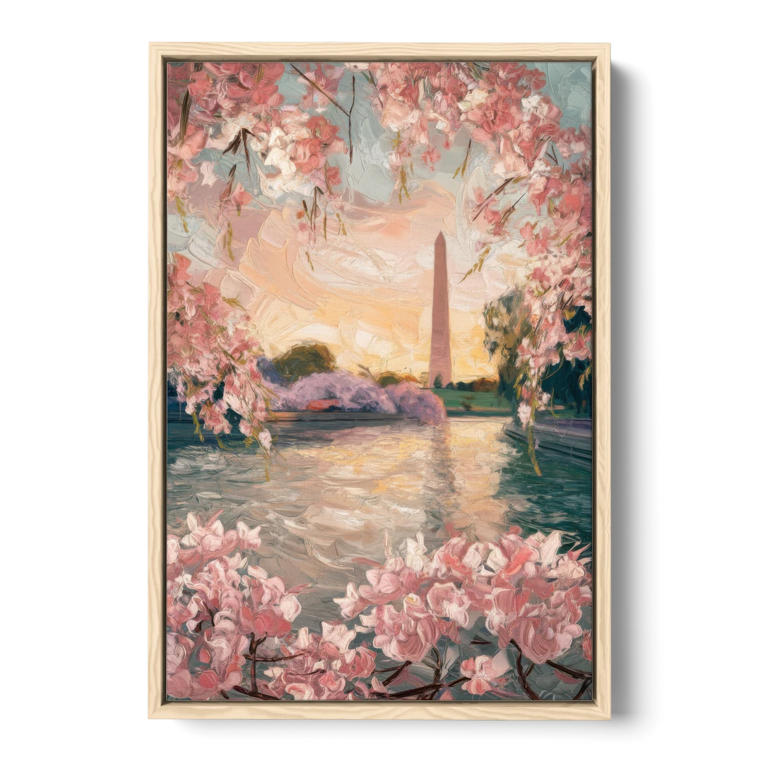 Washington DC Cherry Blossoms - Oak Framed Canvas Wall Art - Front