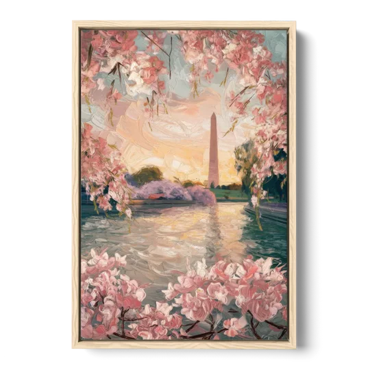 Washington DC Cherry Blossoms - Oak Framed Canvas Wall Art - Front