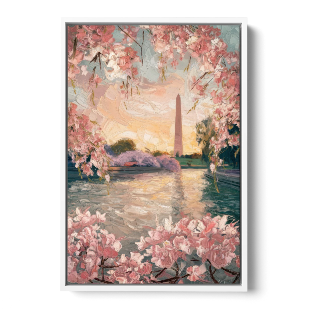 Washington DC Cherry Blossoms - White Framed Canvas Wall Art - Front
