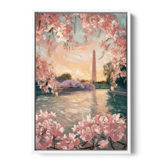 Washington DC Cherry Blossoms - White Framed Canvas Wall Art - Front