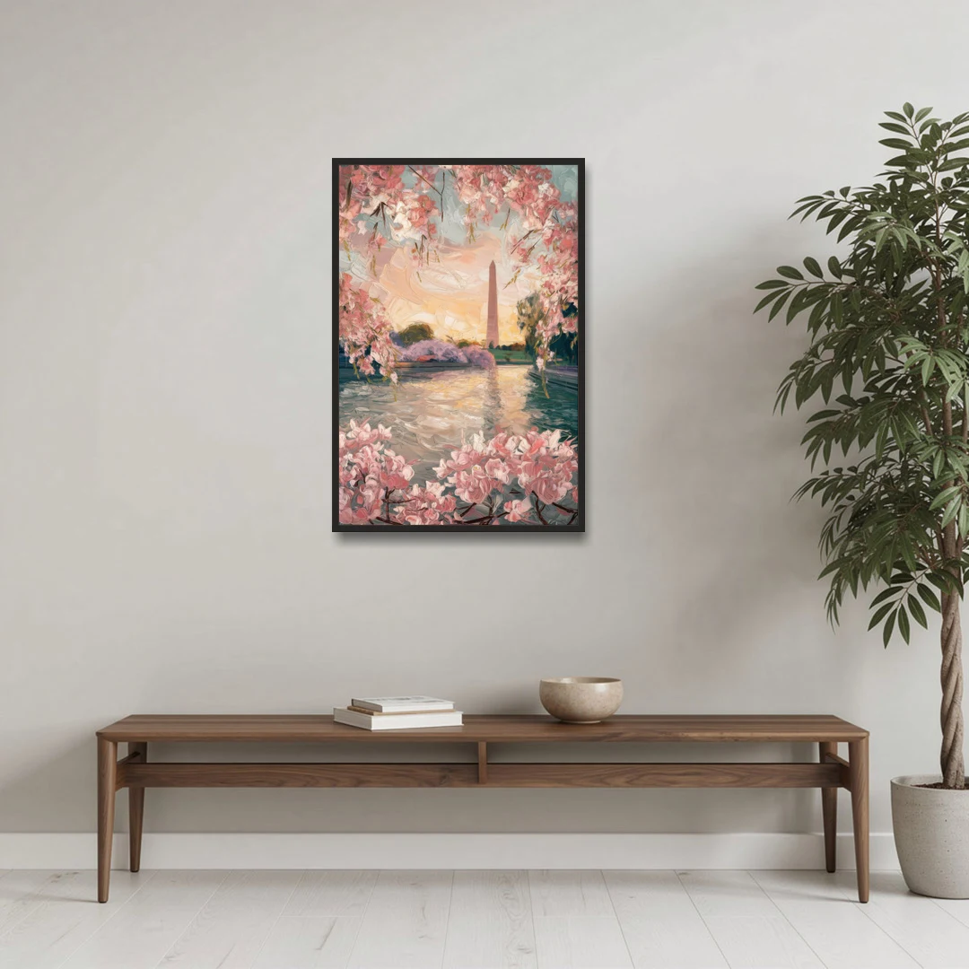 Washington DC Cherry Blossoms - Black Framed Canvas Wall Art - Coffee Table - 24x36