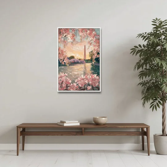 Washington DC Cherry Blossoms - White Framed Canvas Wall Art - Coffee Table - 24x36