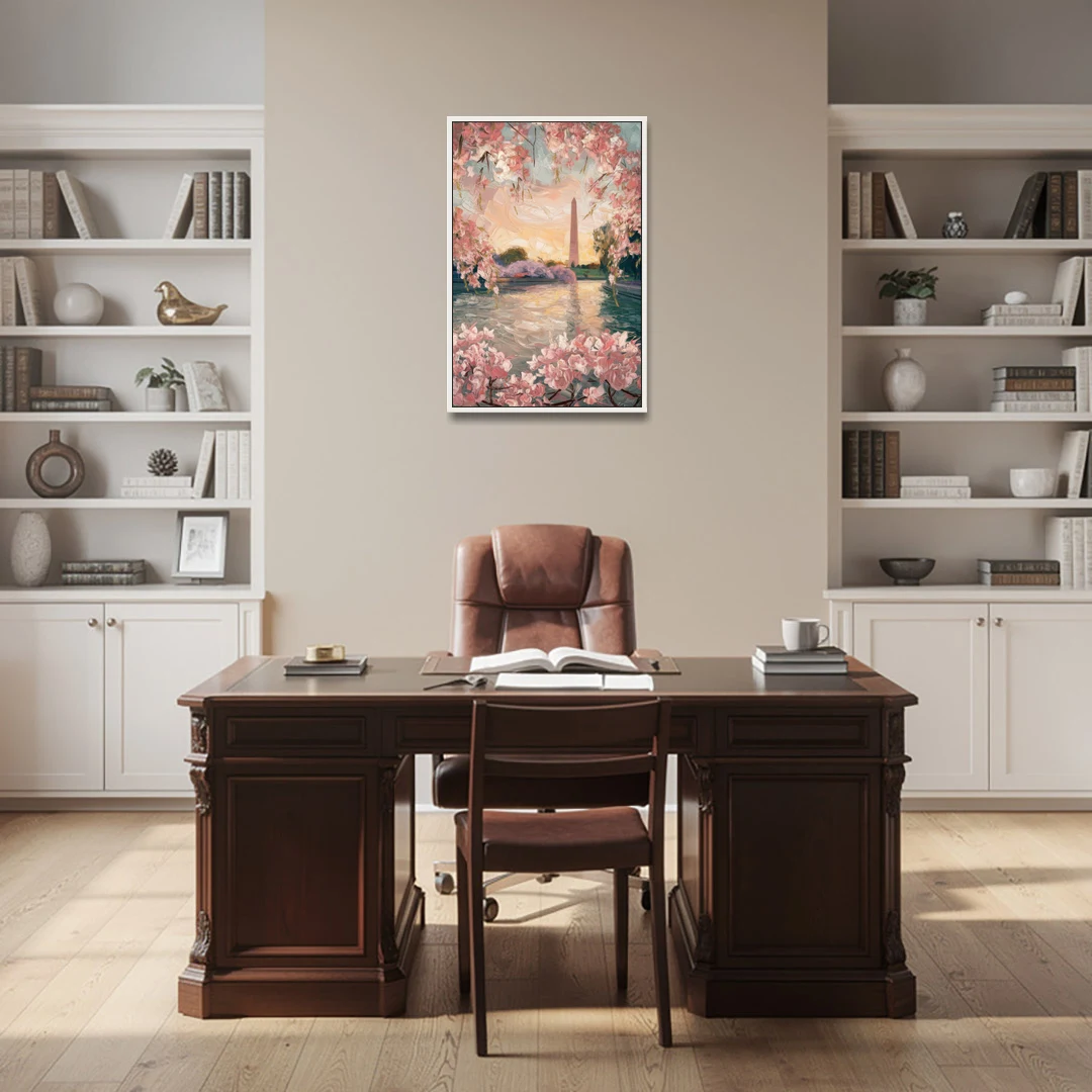 Washington DC Cherry Blossoms - White Framed Canvas Wall Art - Office - 24x36