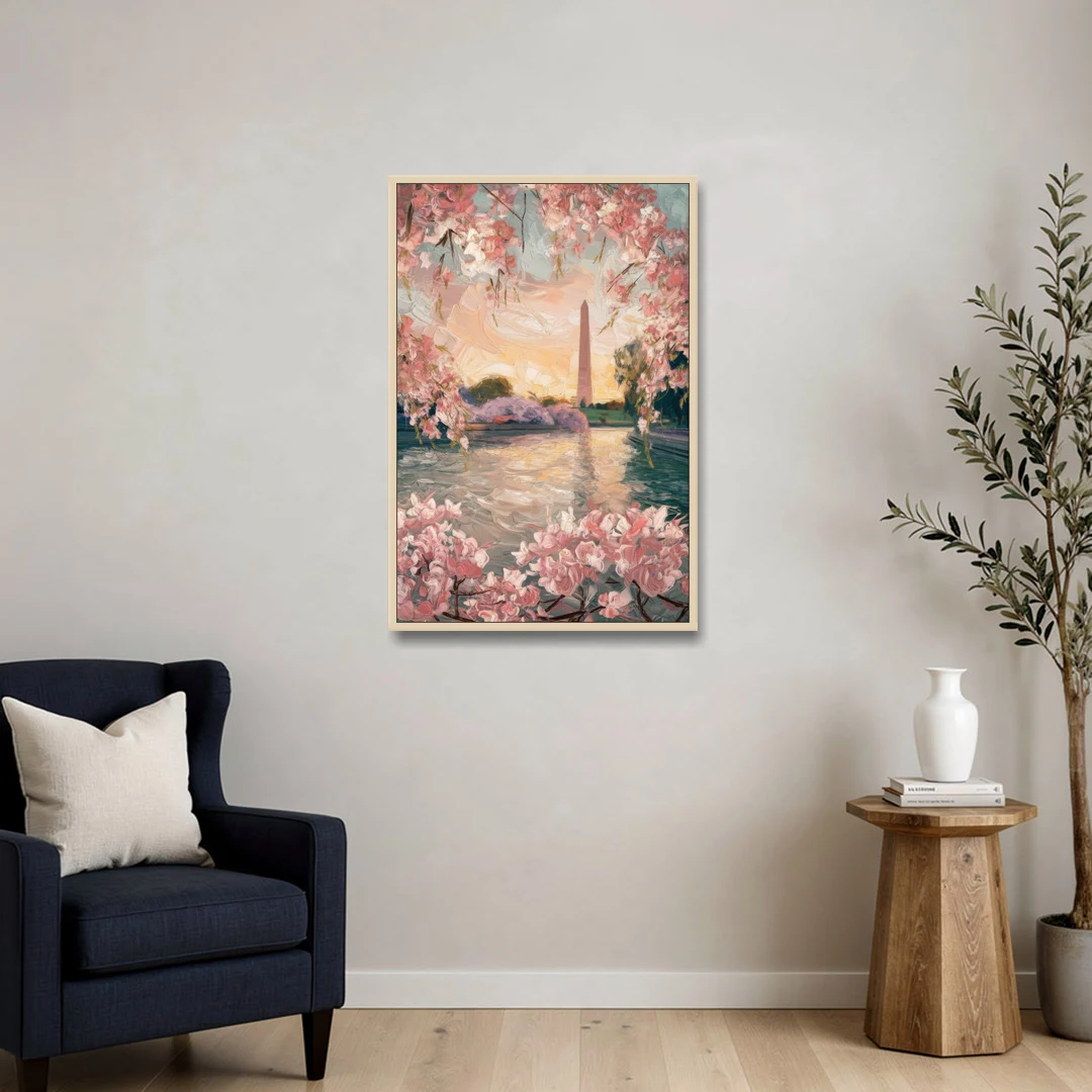 Washington DC Cherry Blossoms - Oak Framed Canvas Wall Art - Sofa - 24x36