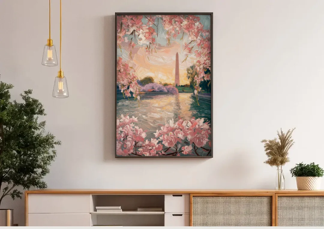 Washington DC Cherry Blossoms canvas wall art above a wooden sideboard under pendant lights